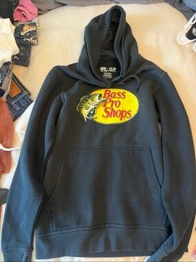 Bass Pro Shops Black Hoodie with Yellow Logo and Green Fish Graphic